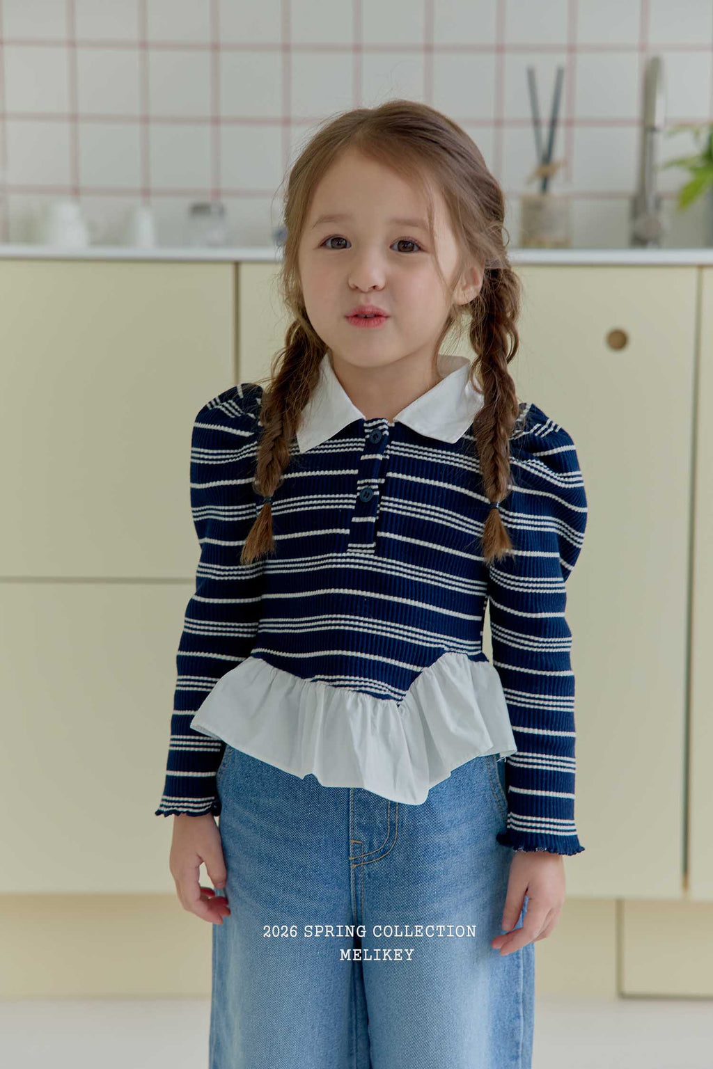 Diagonal Frill Collar Top Navy