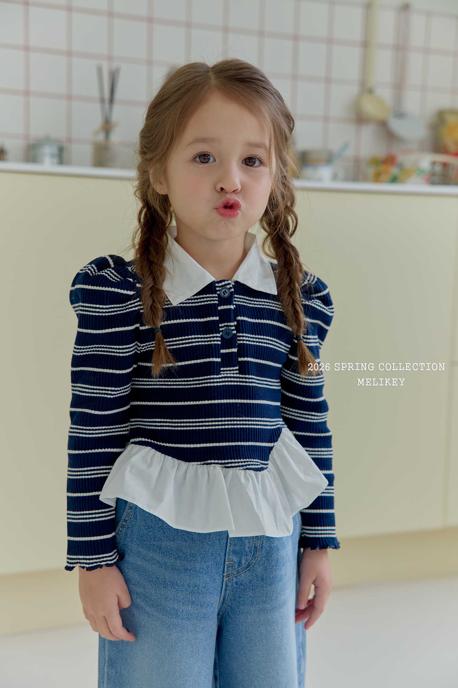 Diagonal Frill Collar Top Navy