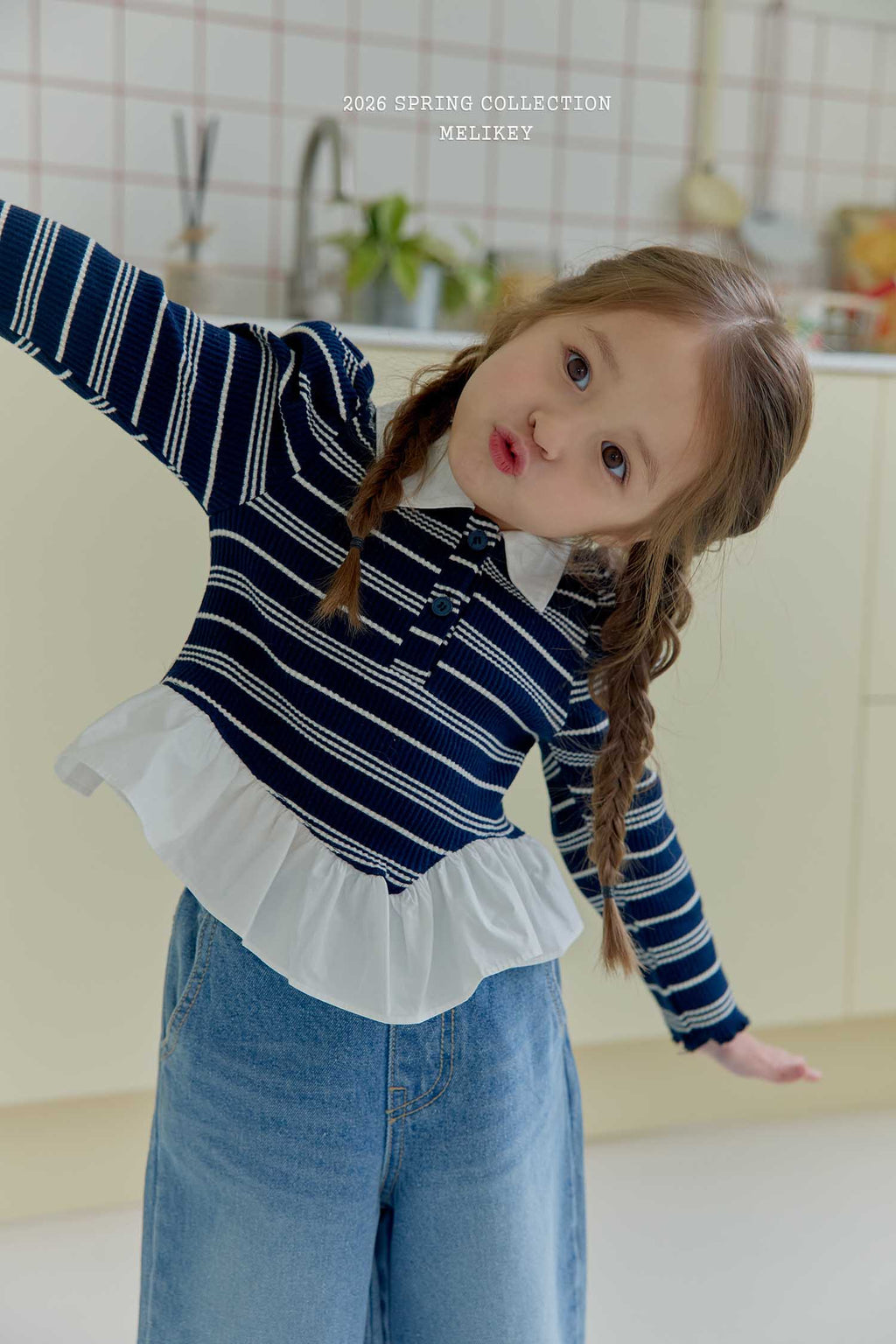 Diagonal Frill Collar Top Navy